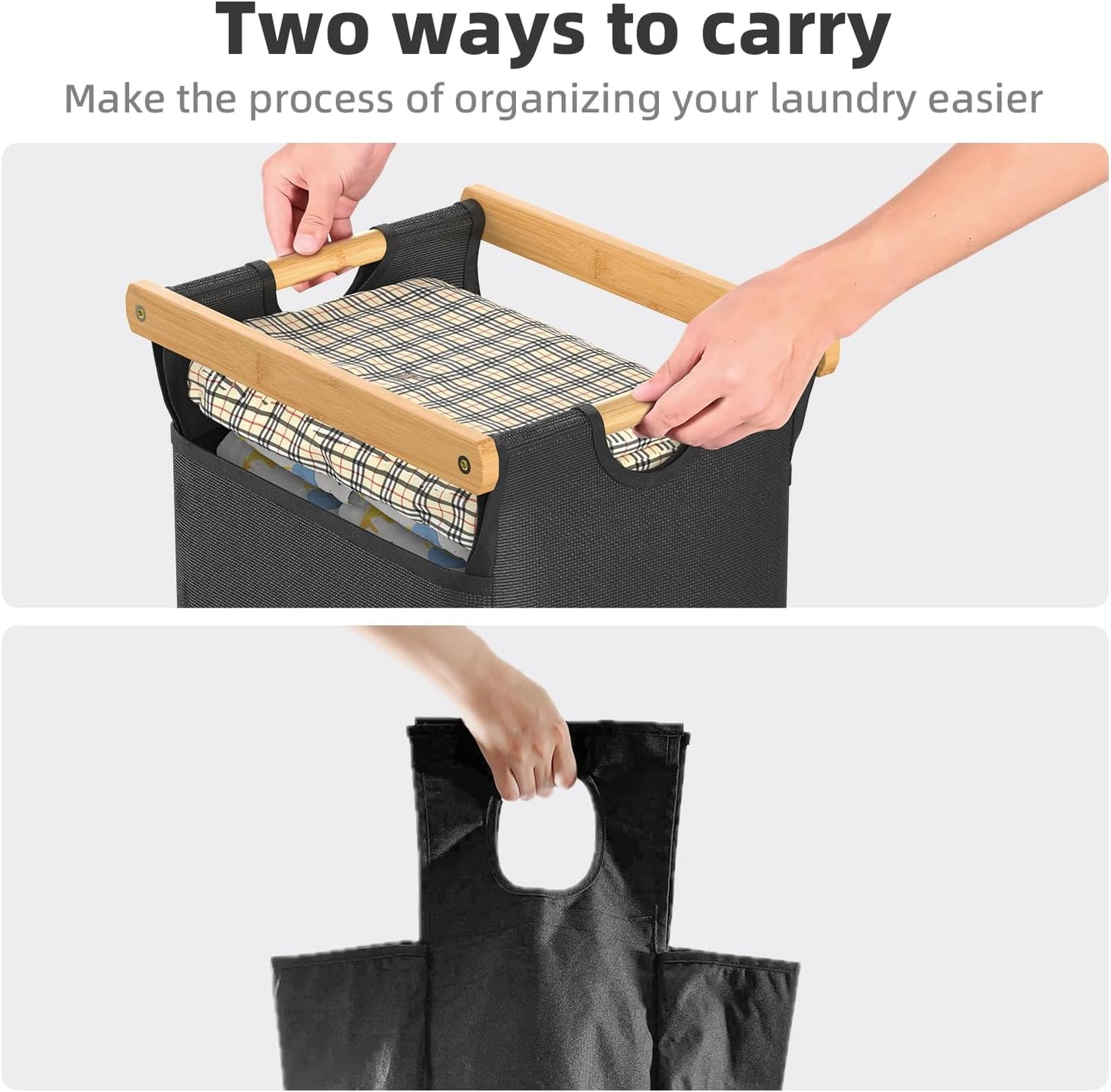 Laundry Hampers 3 Section, Laundry Sorter with Removable Shelf and Pull-Out Bags, Clothes Hampers with Wheels Rolling Cart Basket for Laundry Room Bathroom, 3 x 40 L (Black White Gray)