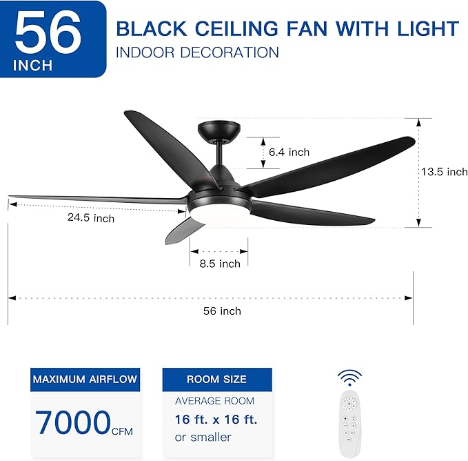 NicBex Ceiling Fan 56 Inch Modern Ceiling Fans with Integrated LED Light and Remote Control Double Finish Ceiling Fan with 5 ABS Blades for Living Room, Bedroom, Black