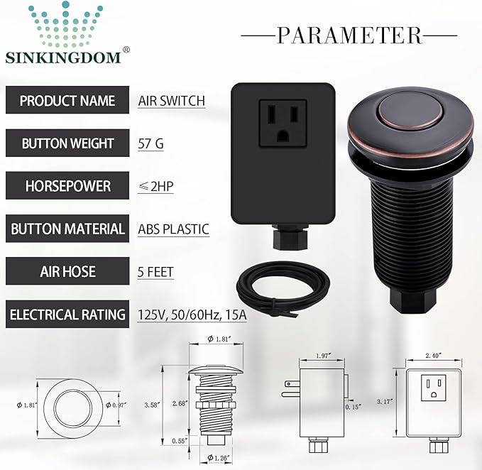 Garbage Disposal Air Switch Kit with with Long Button, Oil Rubbed Bronze (Brass Cover)