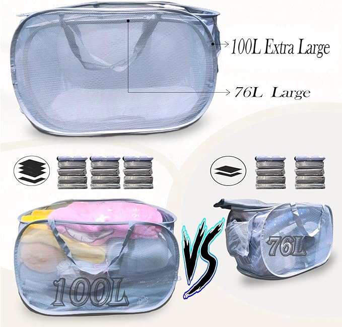 Extra Large Mesh Pop Up Laundry Hamper 2 Pack, 100L Foldable Laundry Baskets, Dirty Clothes Hamper with Pocket, Collapsible Hampers for Travel, Nursery, Dorm or Home. Grey 2H