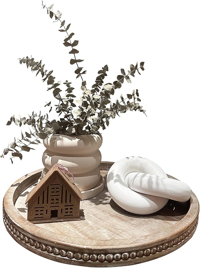 Round Wood Decorative Tray - Brown Washed Bead Tray for Coffee Table Wood Serving Tray Wooden Trays Decor Kitchen Counter Circle Tray Vintage Centerpiece for Living Room Candle Holder (15.75 inch)