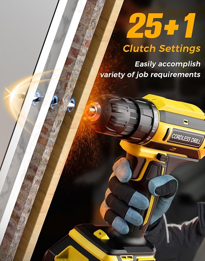 Cordless Drill, 20V MAX Power Drill Set with 2.0Ah Power Pack & Charger, 3/8 Inch Keyless Chuck, Variable Speed, 25+1 Position and 56PCS Bits/Screws, Power Tools for Home Projects