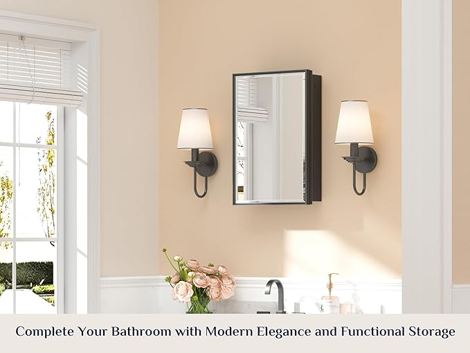 Keonjinn 17" x 25" Black Medicine Cabinets for Bathroom with Mirror Recessed or Surface Wall-Mounted Aluminum Alloy Framed Beveled Mirror, Single Door Metal Bathroom Vanity Mirror with Storage Cabinet