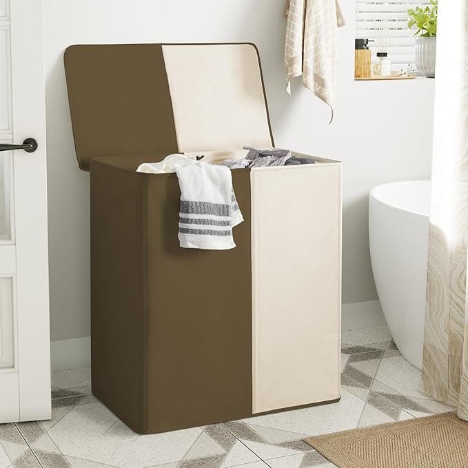 WOWLIVE Double Laundry Baseket with Lid and Removable Laundry Bags,154L Large Laundry Hamper 2 Section Collapsible Dirty Clothes Hamper for Laundry Room,College Dorm,Bathroom,Brown and Beige