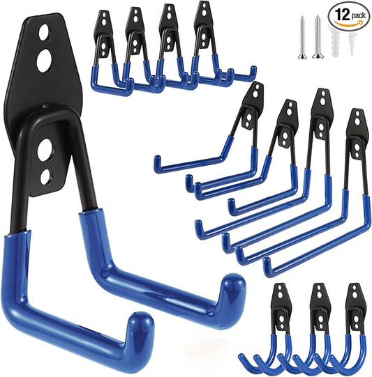 Steel Garage Hooks Wall Tool Organizer, 12 Pack Garage Storage Hook Heavy Duty Utility Storage Hangers Blue for Ladders, Ropes, Garden Tools