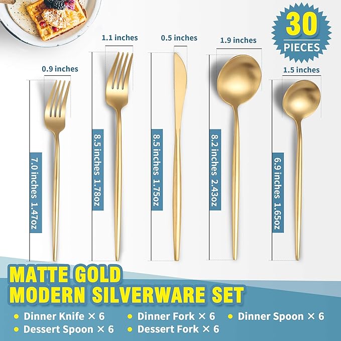 Matte Gold Silverware Set for 6,Modern Stainless Steel Brushed Cutlery Set,30-Pieces Heavy Duty Flatware Set,Knives Spoons and Forks Set Utensils Set,Satin Finish,Dishwasher Safe