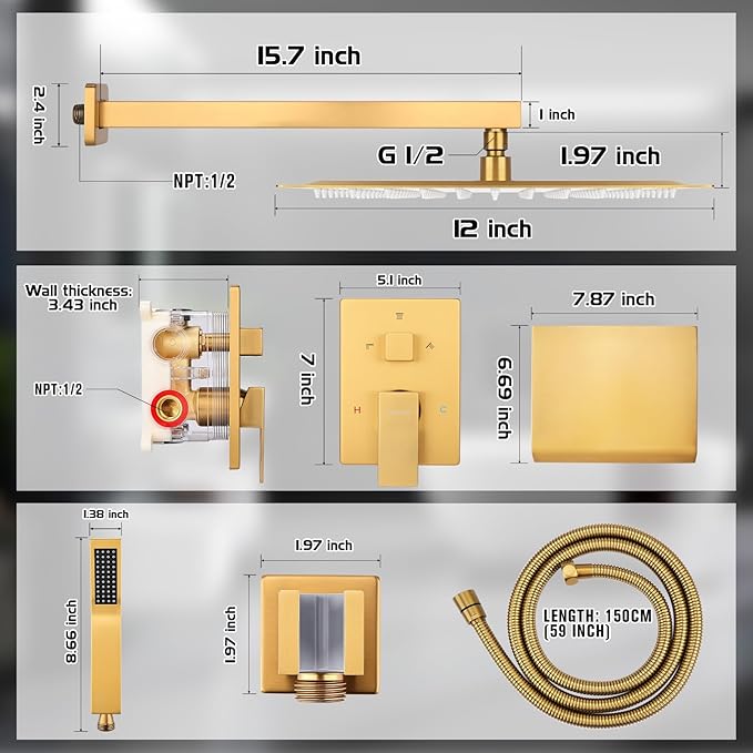 12 Inch Rainfall Shower System with Tub Spout Wall Mounted Complete Combo with Solid Brass Pressure Balancing Valve, High Pressure Shower Head, Handle Set & Installation Accessories