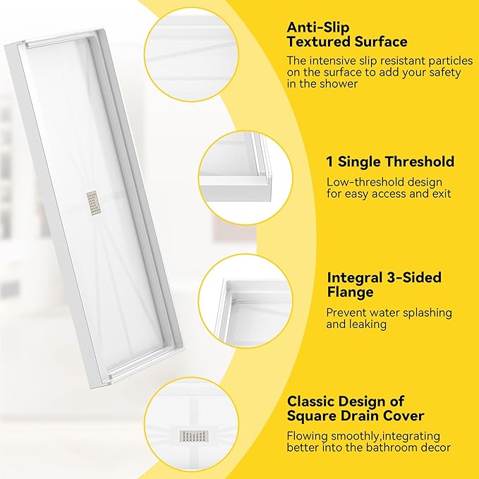 Sunrosa Shower Base 60"×32"×4", Single Threshold Shower Bases with Center Drain, Rectangle Solid Surface White Shower Pan, Slip Resistant Textured Surface, Include Stainless Steel Chrome Cover