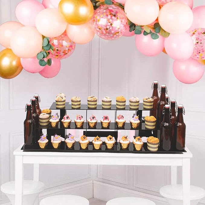 WANLIAN 3-Tier Straight Retail Table Display Stand, Portable Display Rack Shelves for Vendors, Craft Shows, Farmers Market, Pop Up Shop Countertop Black Risers for Display, Soap, Candles, Tumblers