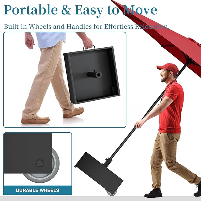 Heavy-Duty Umbrella Base with Wheels,150lb Capacity Fillable Planter Umbrella Stand, Rust-proof Steel Umbrella Holder with Handle & Anti-Collapse Pads, for Outdoor, Patio, Garden, Deck, Poolside, Lawn