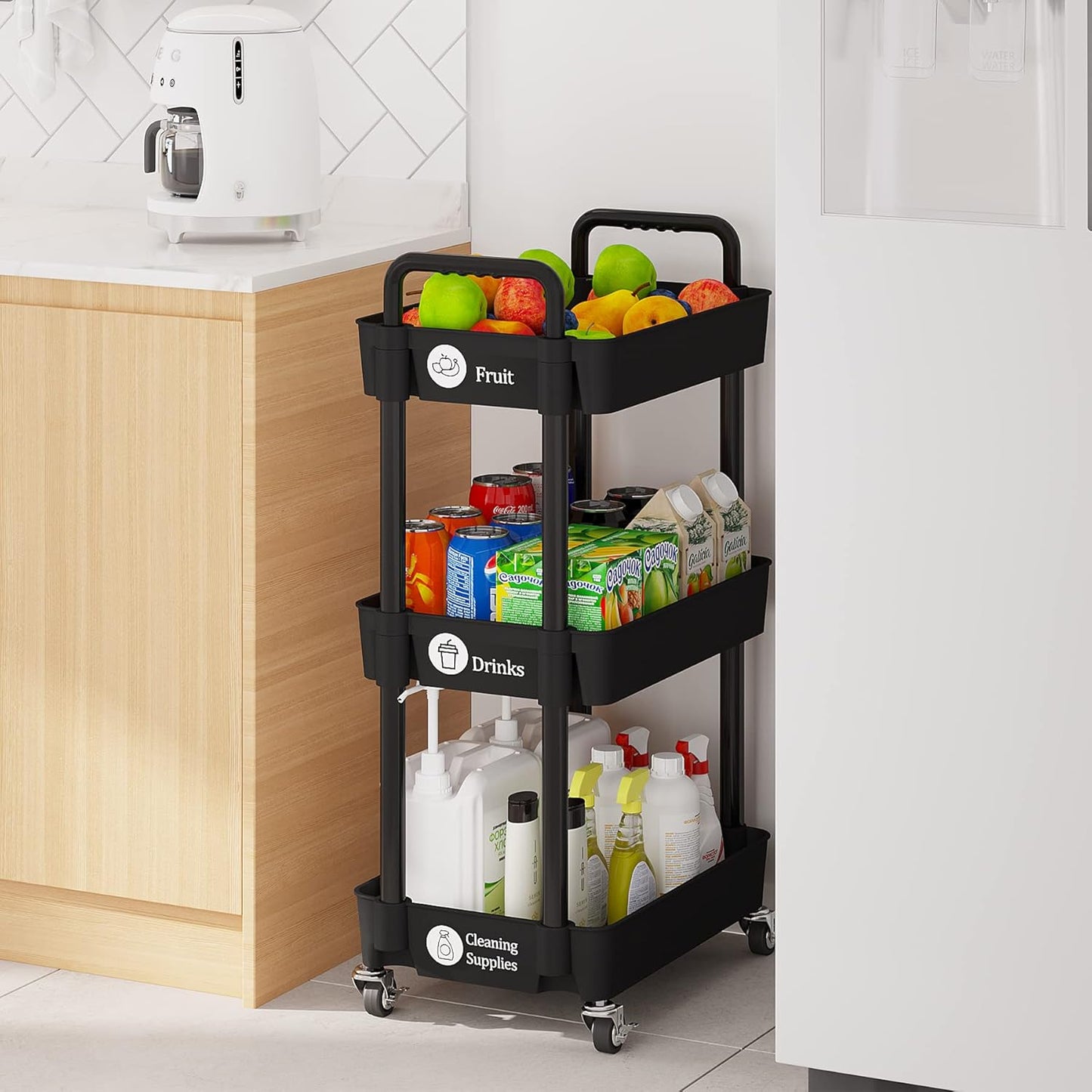 Laiensia 3-Tier Kitchen Storage Cart,Multifunction Utility Rolling Storage Organizer,Mobile Shelving Unit Cart with Lockable Wheels for Bathroom,Laundry,Living Room,With Classified Stickers,Black