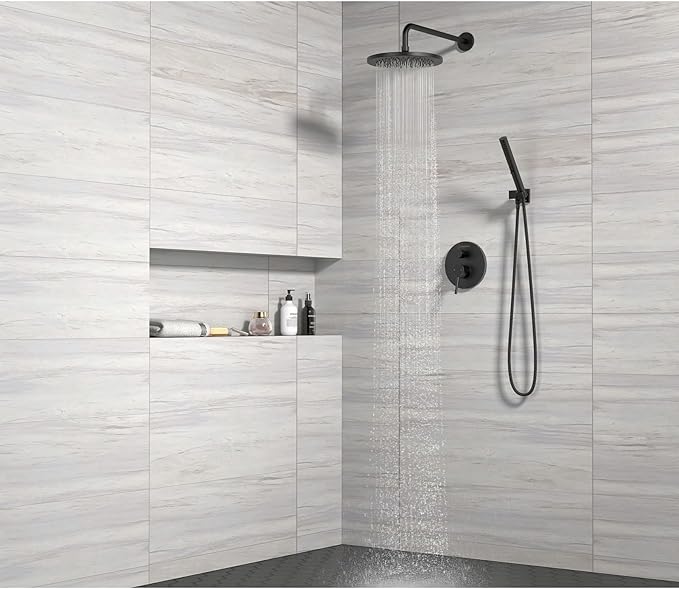 Lava Odoro Modern 2-Setting Round Rain Shower System with Handheld, Matte Black Rainfall Shower Faucet Set Rain Shower Head and Handle Set, Shower Valve Trim Kit, 10 Inch, Matte Black, SF104-MB