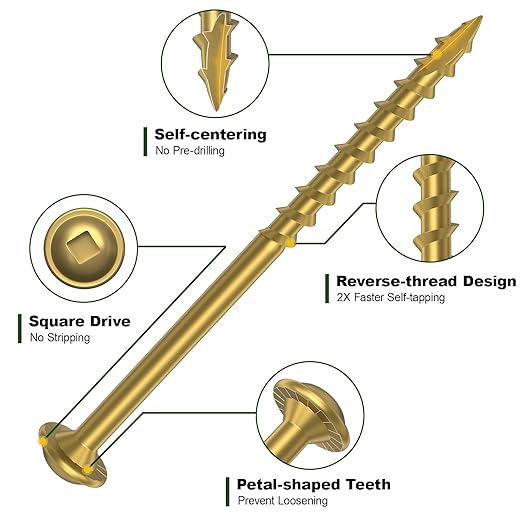 Pocket Hole Screws 1-1/4 Inch，1000Pcs Exterior Pocket Screws #8 X 1-1/4" Reverse-Thread 2X Faster Self-Tapping for Woodworking DIY Projects Pocket Joinery Drive Bit Included(Gold)