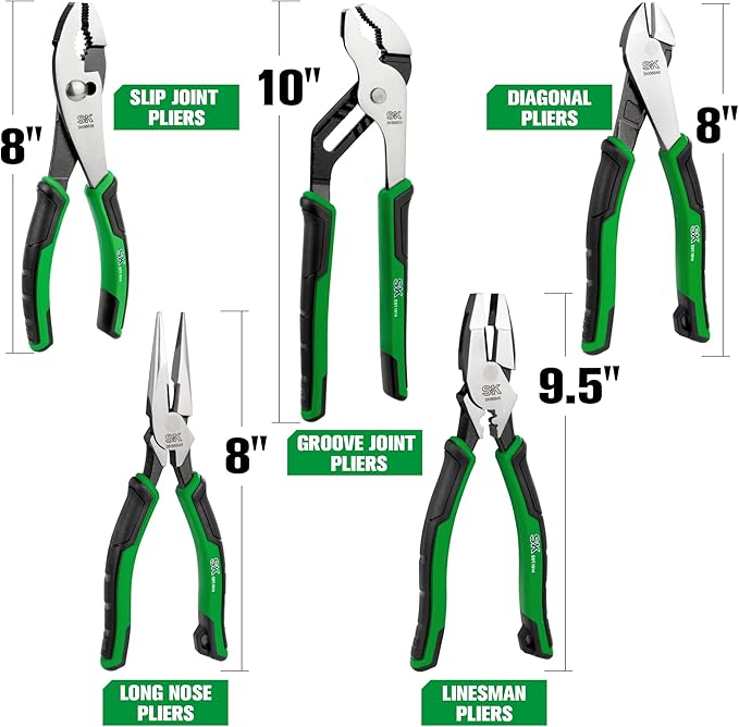 SK 5-Piece Pliers Set, 8" Needle Nose & Slip Joint & Diagonal Pliers, 9.5" Linesman, and 10" Groove Joint, CR-V Construction, Anti-slip Handle, with Rolling Pouch