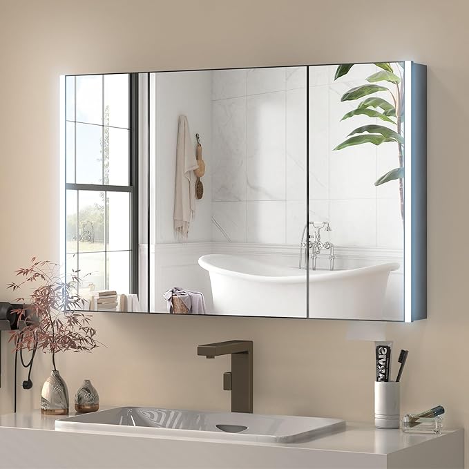 40x24 Inch Medicine Cabinet with Light, AL Alloy Frame, Full-Assembled Bathroom Mirror Cabinet with Brightness Adjustable and Storage Shelves, Led Medicine Cabinet with Recessed or Wall Mount,Black