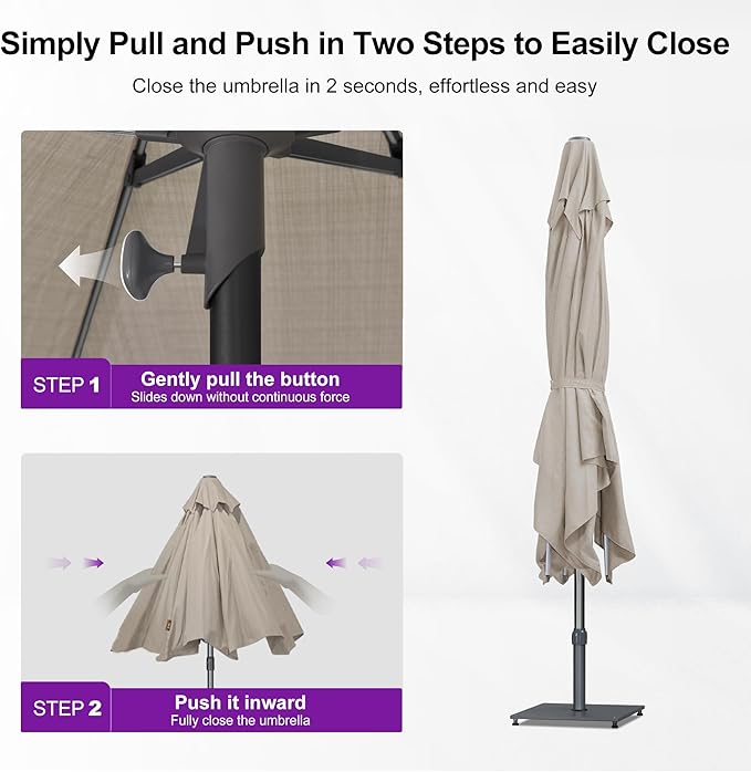 PURPLE LEAF 10 X 10 FT Semi-Auto Outdoor Patio Umbrella Market Table Sun Umbrellas with 8 Aluminum Sturdy Ribs for Backyard Deck Garden Pool (Gray Pole Beige Canopy)