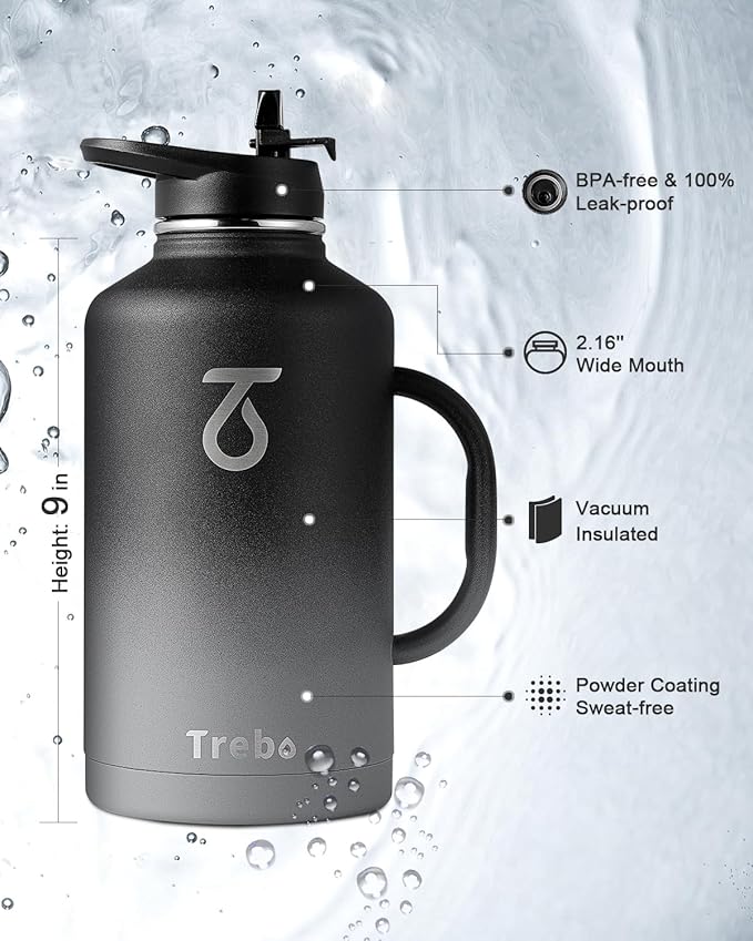 Trebo Half Gallon Water Bottle Insulated with Handle, 64 oz Double Wall Stainless Steel Metal Large Jug, Travel Flask with Straw Spout Lid, Mug Tumbler with Carry Pouch, Keep Cold Hot, Dark Gray