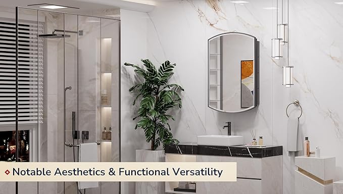 Keonjinn Black Medicine Cabinet with Mirror 20” x 30”, Metal Framed Wall Cabinet with Beveled Mirror, Surface Mount or Recessed Arched Medicine Cabinet for Bathroom,Bathroom Mirror with Storage