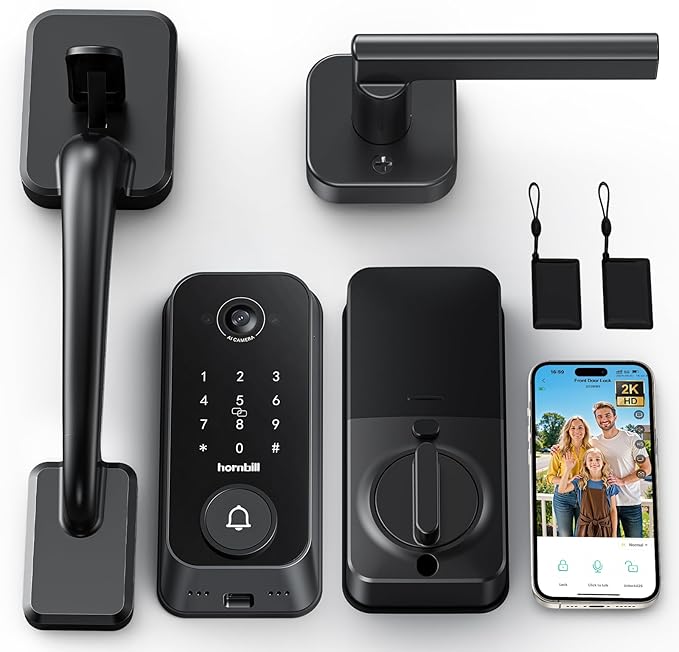 Smart Front Door Lock Sets: 2K HD Camera Lock with Doorbell Kits, Hornbill Fingerprint Keyless Entry Door Lock with Handles, WiFi Deadbolt(only 2.4G) for Remote Control, Free APP/Alexa/PIR, Black
