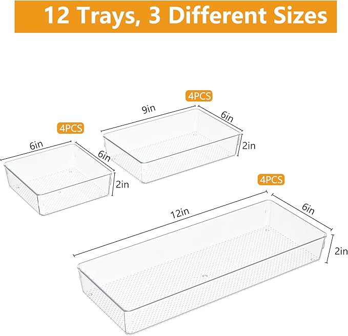 Clear Plastic Drawer Organizer Set for Kitchen, Bathroom, Office, Cosmetics & Tools - Multifunctional Storage Trays with Adjustable Dividers, Space-Saving Transparent Design (Clear, 12 Pcs)