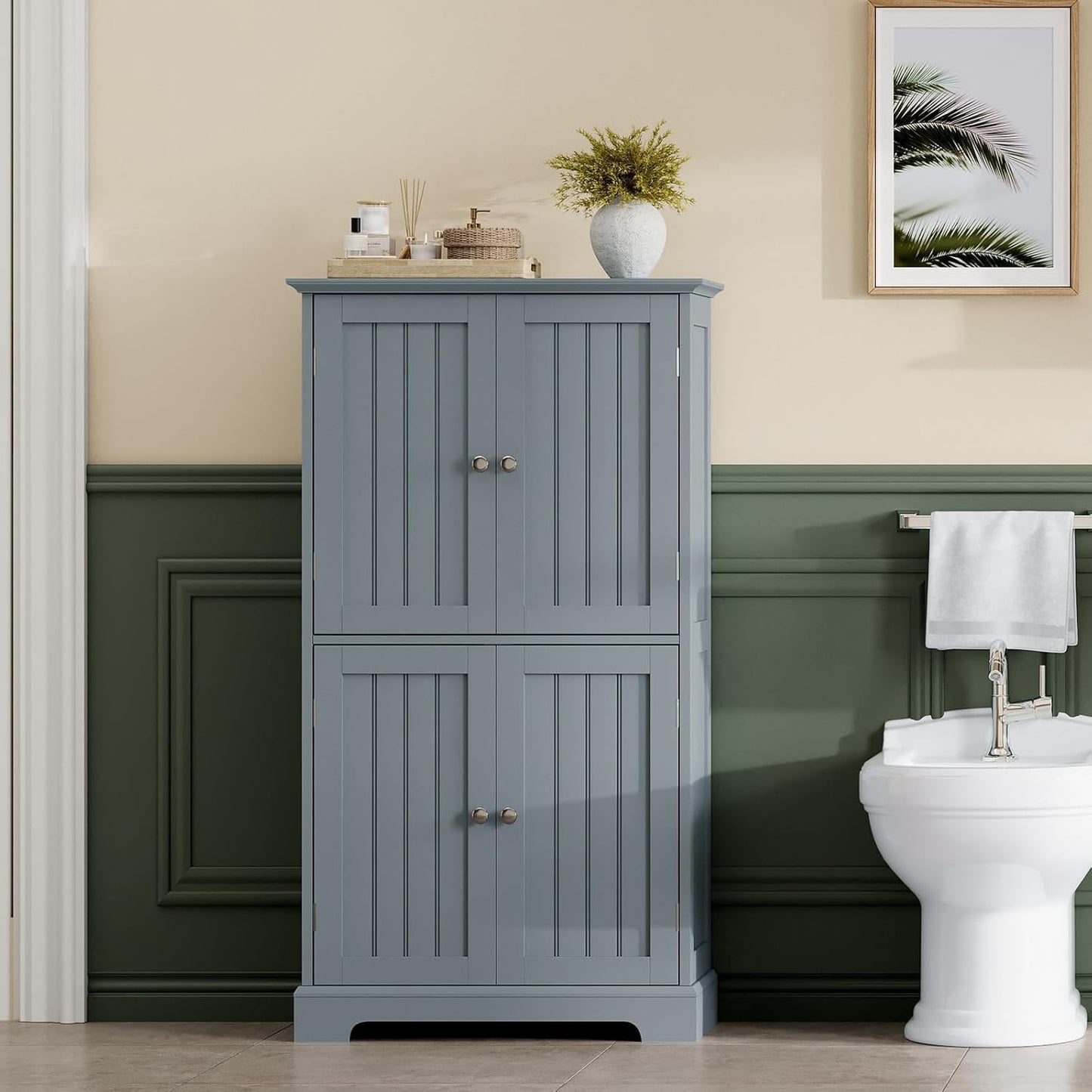 ChooChoo Bathroom Floor Cabinet, Modern Bathroom Storage Cabinet with 4 Doors and Adjustable Shelves, Freestanding Cupboard for Living Room, Grey