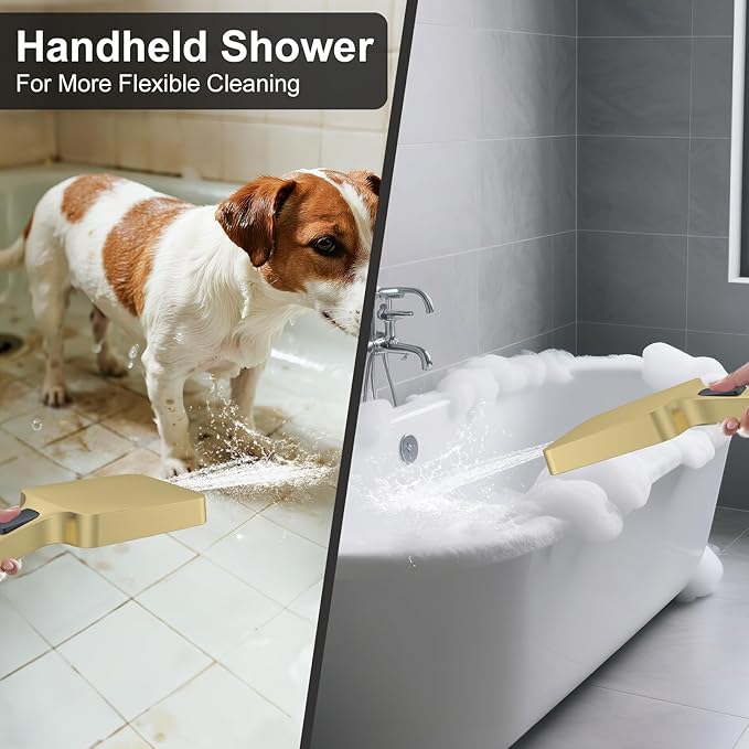 Thermostatic Shower System 13-Inch Rainfall Shower Head - 3 Setting Handheld Sprayer, Complete Bathroom Set with Faucet Mixer Trim Kit & Valve Brushed Gold