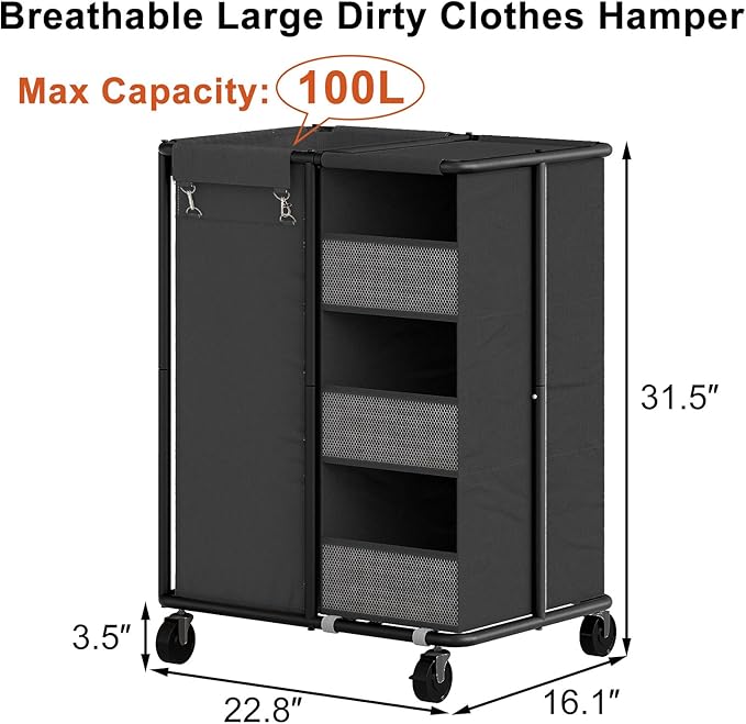 WOWLIVE Laundry Sorter with Wheels 100L Rolling Laundry Hamper with Hanging and Removable Bag Laundry Cart with Steel Frame and Storage Unit Large Basket Organizer for Dorm Room, Bathroom (Black)