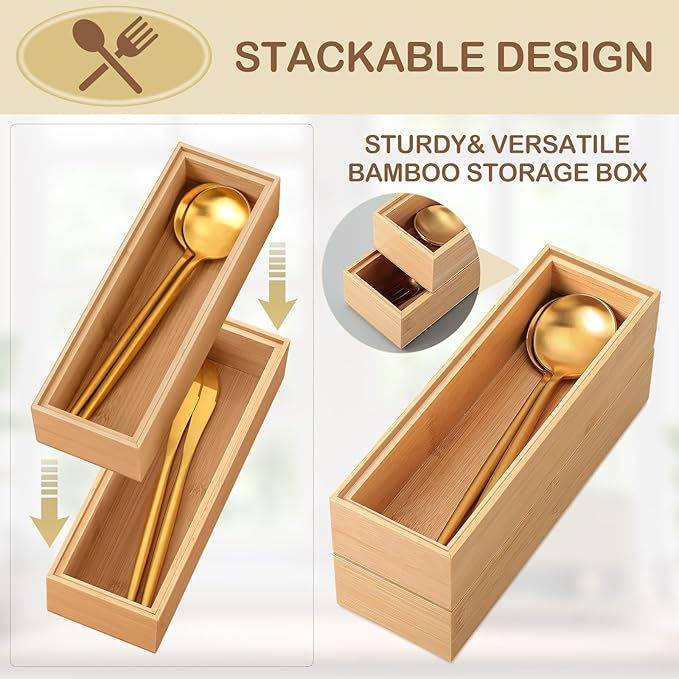 Kigley 8 Pieces Bamboo Drawer Organizer Kitchen Utensils Wooden Utensil Stackable Wooden Storage Box Bamboo Silverware Tray for Drawer(9 x 3 x 2 Inch,Wood)