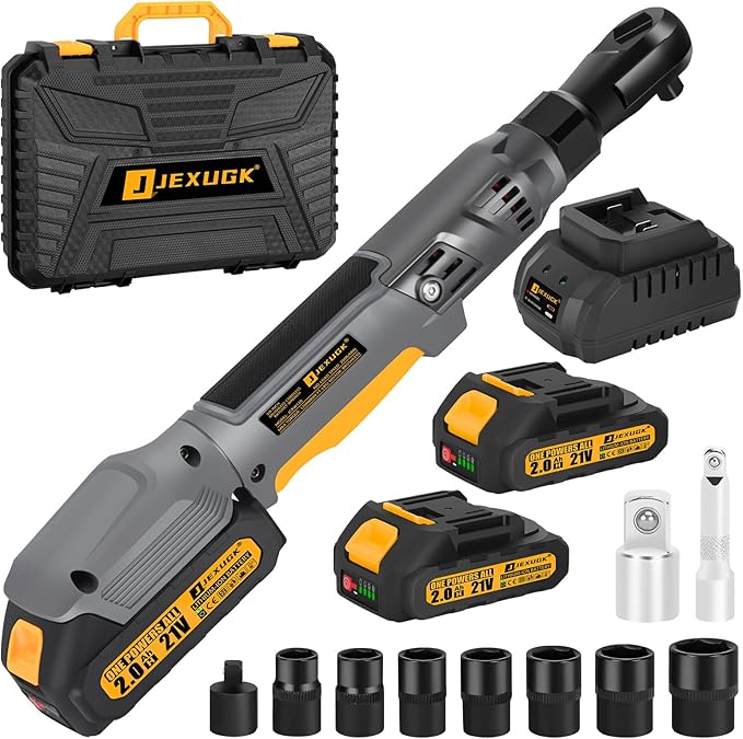120Nm Cordless Ratchet Wrench, 3/8" 89 FT-LBS Brushless Ratchet Set with 2 x 2.0A Battery, 21V Electric Matraca Electrica with Variable Speed 7Sockets,1/4" Adapter,1/2" Adapter,3" Extension Bar
