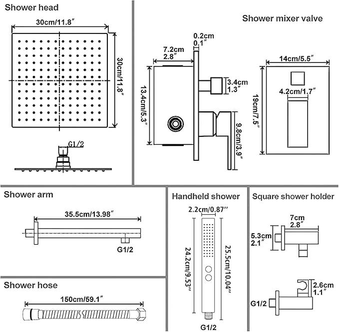 RUMOSE Brushed Nickel Rainfall Shower System 12 Inch High Pressure Square Shower Head with 2 in 1 Handheld Spray Wall Mount Brass Bathroom Shower Faucet Set with cUPC Certified Rough-in Valve