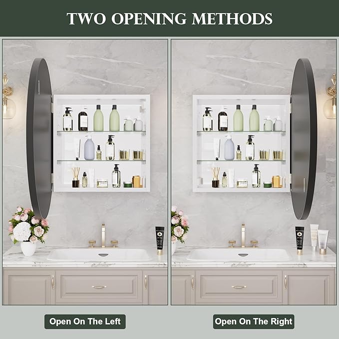 WallBeyond Bathroom Medicine Cabinet with Mirror, 28 Inch Black Round Mirror Medicine Mabinet Wall Mounted with Aluminum Alloy Metal Framed, Surface Mount Medicine Cabinet with Storage