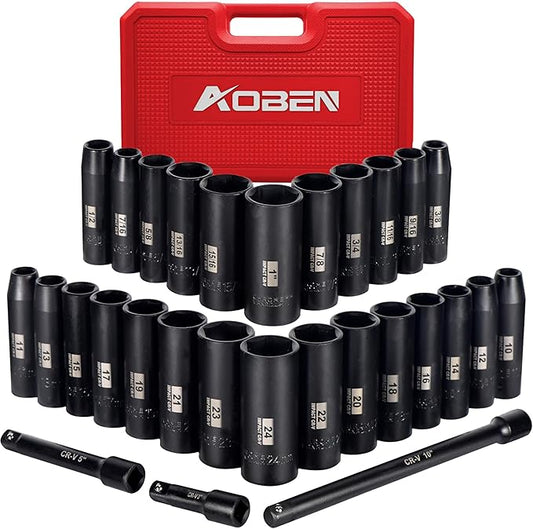 AOBEN 1/2-Inch Drive Impact Socket Set, 29 Pieces, 6 Point, SAE/Metric, (3/8" - 1", 10mm - 24mm), Deep, Cr-V Steel, Includes 3", 5", 10" Extension bars