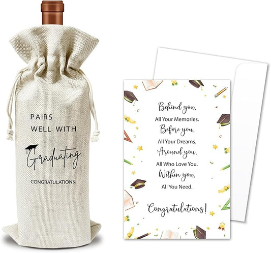 Graduation Wine Gift Bags & Card, Graduation Gifts for Him Her Son Daughter College, Pairs Well With Graduating, 1 pcs Reusable Burlap Wine Gift Bags for Wine Bottles, Graduation Party Decor Favor -25