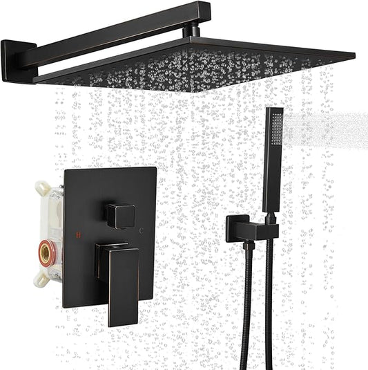 BWE Shower Faucet Oil Rubbed Bronze 12 Inch Square Bathroom Luxury Rain Mixer Shower Combo Set 2-Functions Wall Mounted Rainfall Shower Head System Rough-in Valve Body and Trim Included