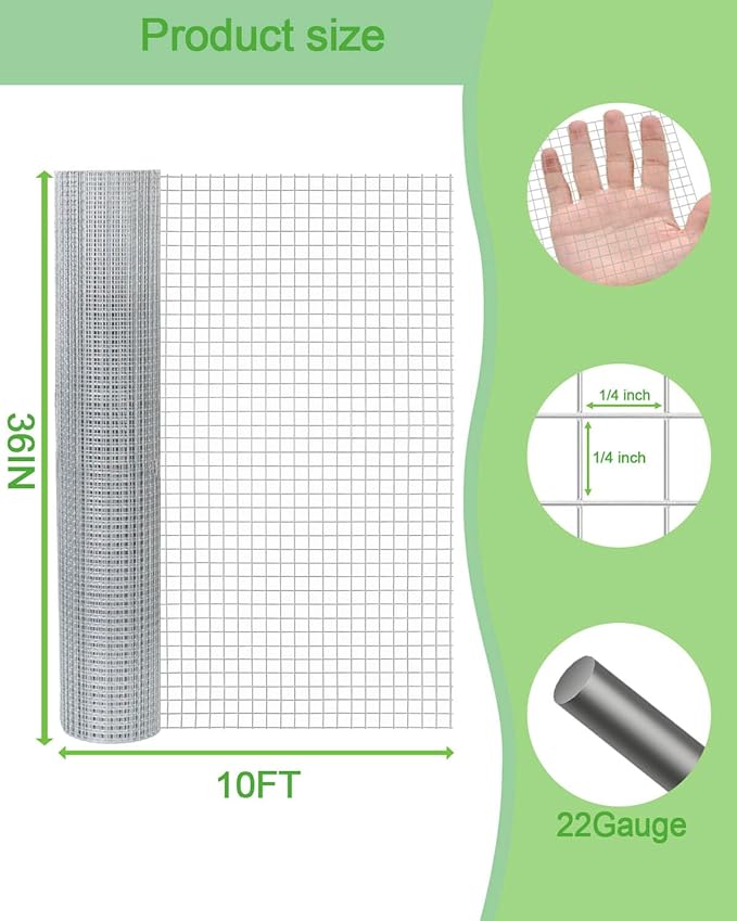 Hardware Cloth 36in x 10ft 1/4 Inch 22 Gauge, Hot-Dipped Galvanized Welded Wire Mesh, Low Carbon Steel, Animal Cage Wire Netting, Garden Wire Mesh
