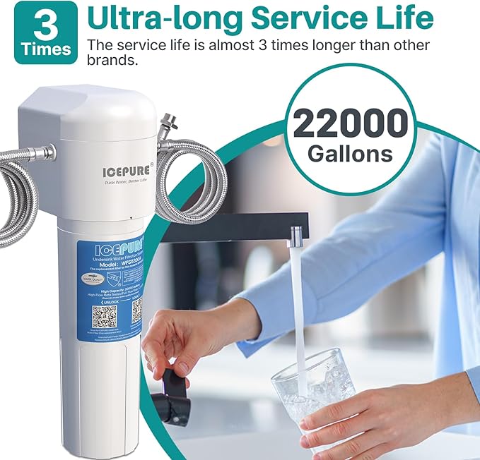 ICEPURE Under Sink Water Filter System, 3 Years or 22000 Gallons Ultra High Life NSF/ANSI 42 Certified, Removes Heavy Metals,Chlorine,Direct Connect Under Counter Drinking Water System, USA Tech