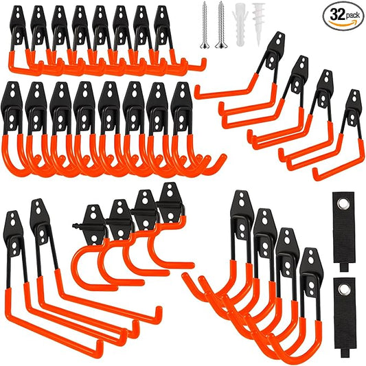 Garage Hook Heavy Duty Wall Storage Hangers, 32 Pack Garage Storage Hooks Steel Tool Orange for Ladders, Ropes, Garden Tools