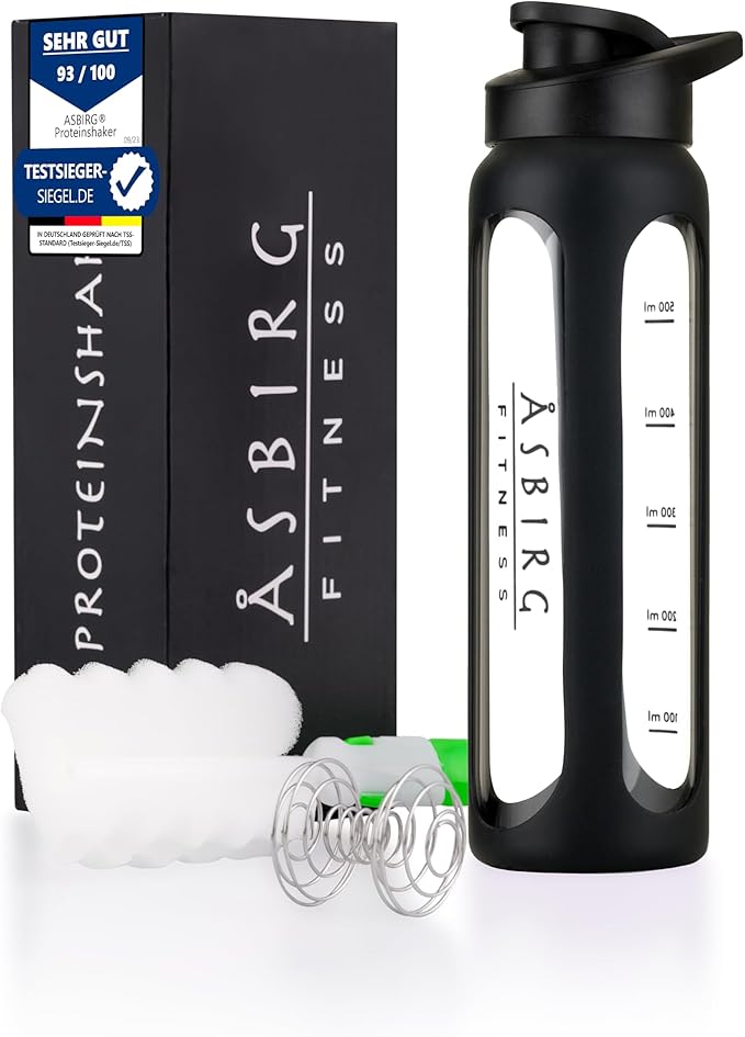 Fitness | Protein Shaker Made of Glass | Protein Shaker | Drinking Bottle | with Spiral Ball | Black