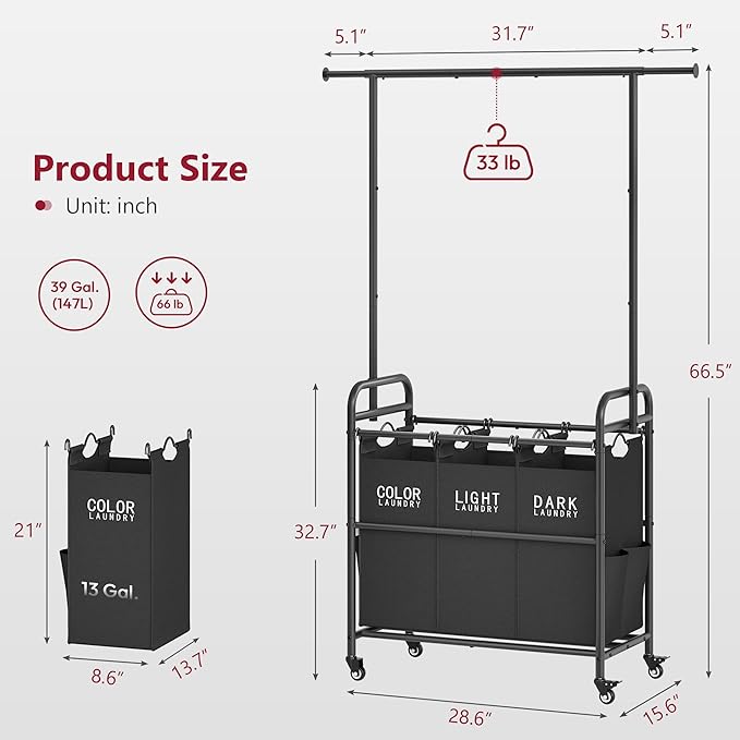 Tajsoon Laundry Sorter Cart with Hanging Rack, Laundry Sorter 3 Section, Laundry Hamper with Heavy Duty Rolling Lockable Wheels, Black