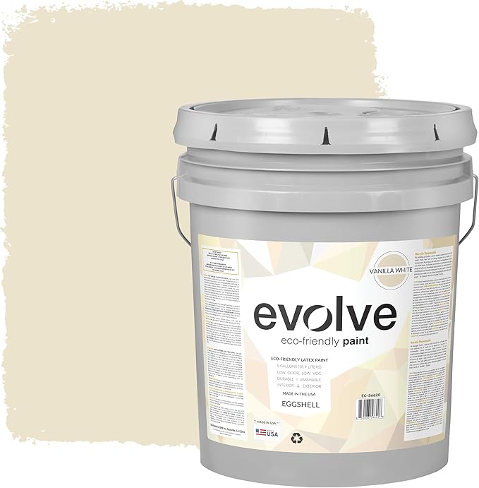 EVOLVE Paint & Primer: Environment-friendly, Low Sheen with One-coat Coverage for Interior & Exterior surfaces (Vanilla White, 5-Gallon)