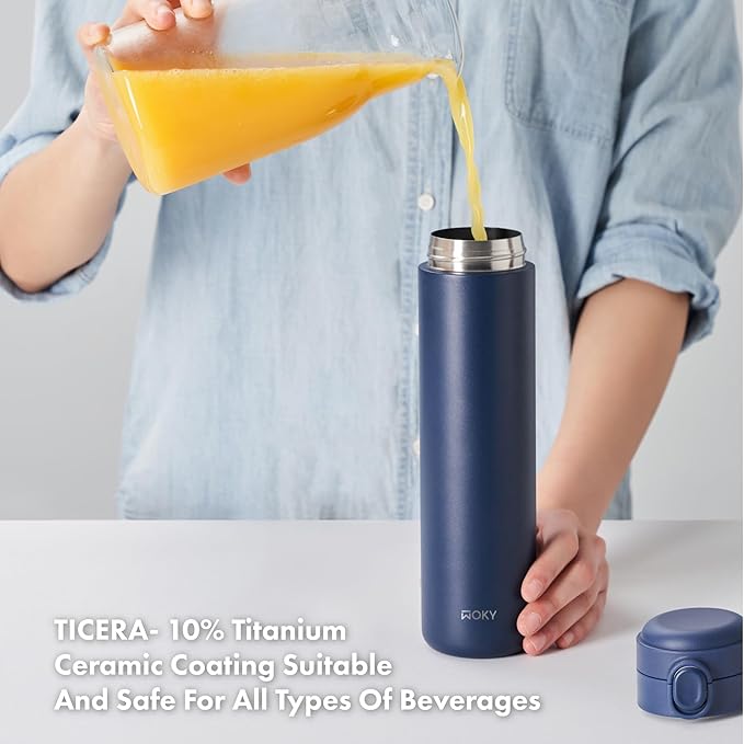 WOKY TICERA 20oz Titanium Ceramic Ultralight Push Button Commuter Bottles - Stainless Steel Vacuum Insulated Tumbler - Everyday Use (Blue)
