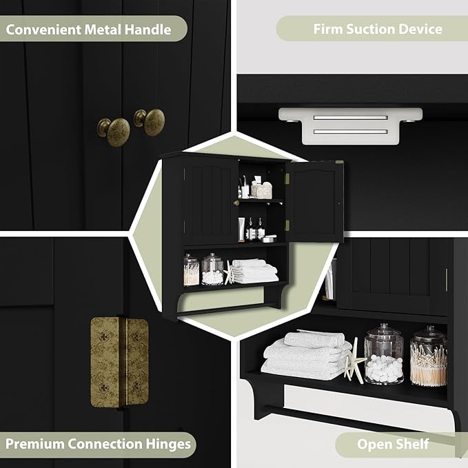 Smuxee Black Bathroom Cabinet Wall Mounted with Towels Bar, Medicine Cabinet with 2 Door Adjustable Shelves, Over Toilet Cabinet for Bathroom Laundry Room Kitchen
