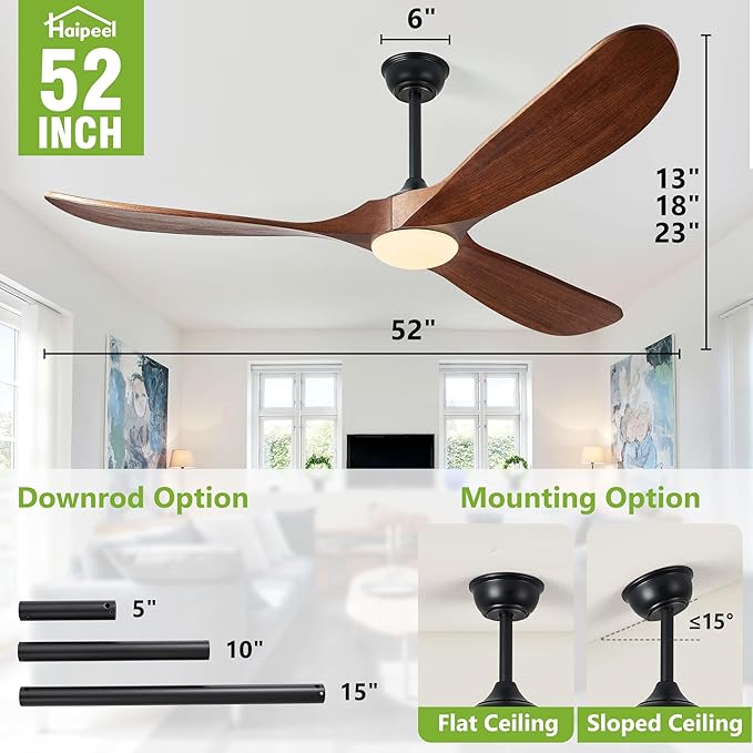 52 Inch Ceiling Fans with Lights and Remote Control, Outdoor Ceiling Fan with Light High cfm Solid Wood Modern Ceiling Fans Propeller DC Motor for Indoor Bedroom Living Room, Dark Walnut