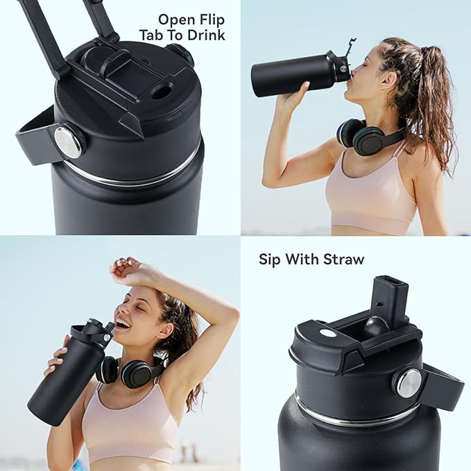 Kerilyn 32oz Stainless Steel Insulated Water Bottle, Double Wall Vacuum, Leak Proof with Silicone Straw, Wide Mouth, BPA Free, Copper Lined, Keep Cold 24h Hot 12h, Black