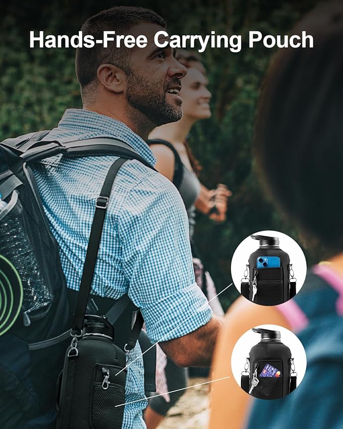 Trebo 64oz Water Bottle Insulated with Straw & 2 Lids, Half Gallon Double Wall Vacuum Stainless Steel Metal Large Jug with Handle, Wide Mouth Flask Mug with Carry Pouch, Keep Cold Hot, Black