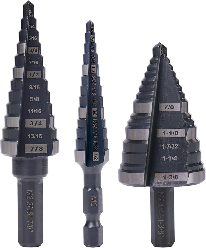 1/2", 7/8" & 1-3/8" Step Drill Bit Set, Straight Grooved Double Fluted M2 High Speed Steel Drill bits for Hole Drilling in Stainless Steel, Copper, Aluminum, Wood,Plastic