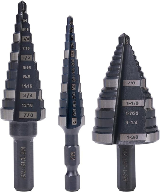 1/2", 7/8" & 1-3/8" Step Drill Bit Set, Straight Grooved Double Fluted M2 High Speed Steel Drill bits for Hole Drilling in Stainless Steel, Copper, Aluminum, Wood,Plastic