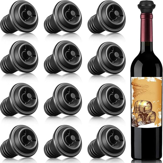 Honoson Wine Stopper Resealable Wine Pump Vacuum Stoppers Vacuum Wine Stopper Silicone Wine Saver Stoppers Practical Wine Saver Stoppers for Kitchen Supplies Wine Bottle Tools (Black,12 Pieces)