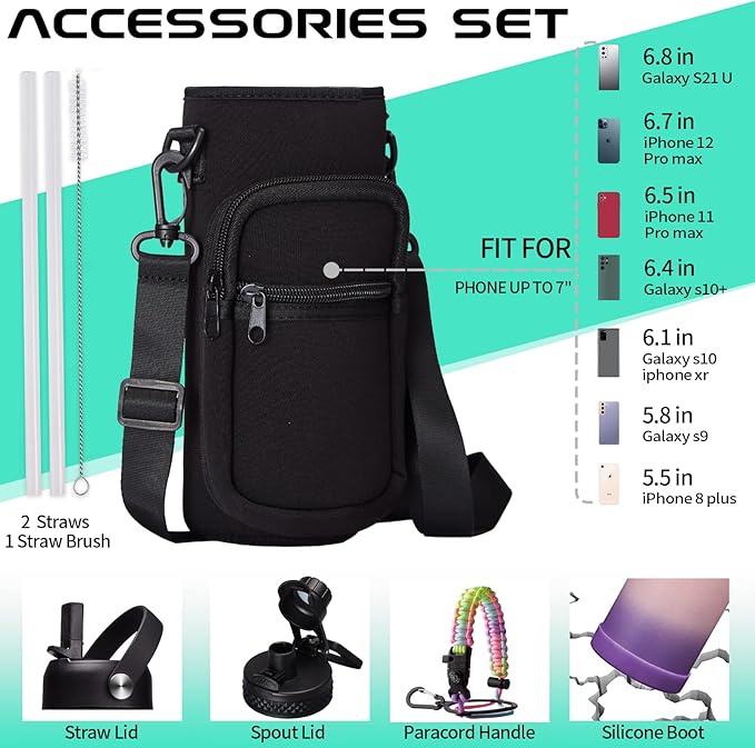 Insulated Stainless Steel Water Bottle - 32oz 40oz 64oz Water Bottles with Straw & Spout Lids, Paracord Handle and Carrier Pouch, Workout Water Flask Bottle for Women Men Sport Outdoor Activities