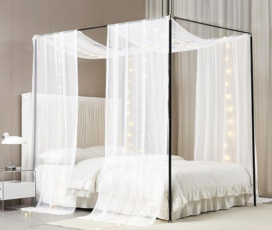 Akiky Canopy Curtains for Girls with LED Light King California King Bed Curtains Frame Bed,Valance Scarves Great for Bed,Windows,Wedding Parties(King,White)